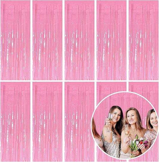 10 Pack Foil Curtain Pink Backdrop Streamers Metallic Tinsel Fringe Curtains Photo Booth Props for Birthday Wedding Engagement Bachelorette Christmas Holiday Celebration Party Decorations