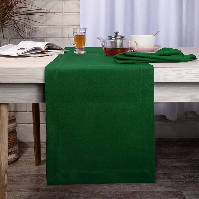 D'Moksha Homes Eden Green Table Runner 14 x 60 Inch - Faux Linen Table Runner - Wrinkle Resistant, Machine Washable Ideal for Dresser, Coffee Tables, Thanksgiving, Christmas - 100% Recycled Fabric