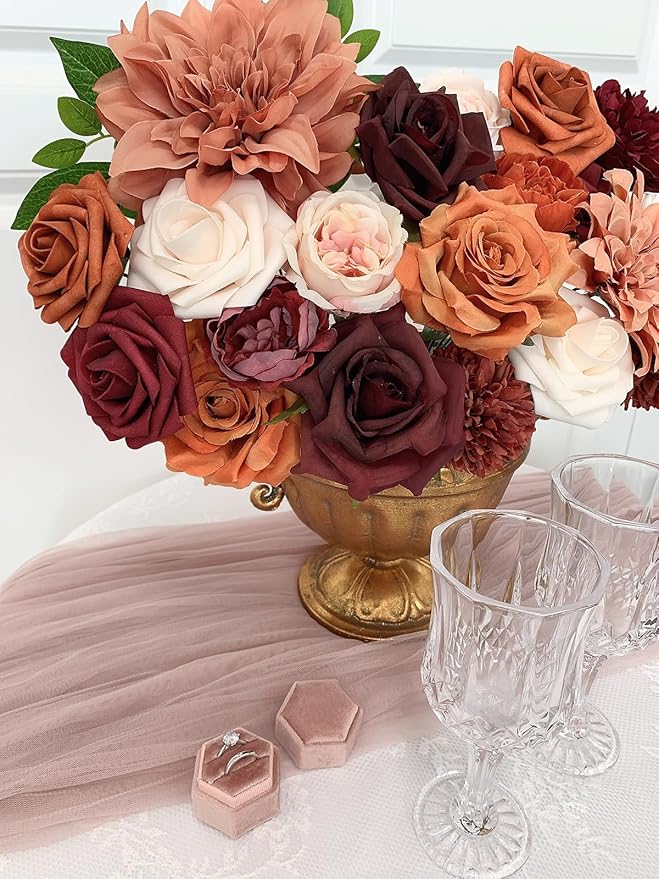 Roses Artificial Flowers Orange Bouquet Box Set Fake Flower with Stems for DIY Bridal Wedding Shower Decorations Party Table Centerpieces Faux Silk Floral Arrangement for Home Decor Indoor