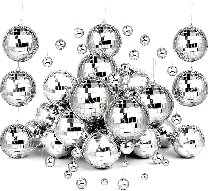 37 Pcs Disco 4D Ball, Silver Disco Mirror Ball, Fun Silver Hanging for Party Decoration, Christmas Tree Ornaments Disco Ball Cup Toppers Wedding Birthday Party Festive Dance