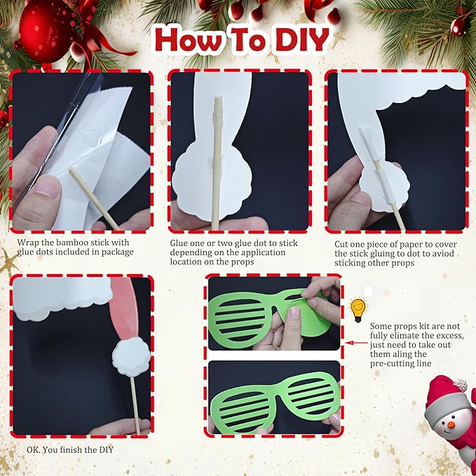 52 Pcs Christmas Photo Booth Props Kit, 20Pcs Glitter Eyeglasses Frame Hats Hairhoop and 32Pcs DIY Selfie Pose Signs for Xmas Party Decoration, Funny Christmas Holiday Party Favor Supplies for Adults