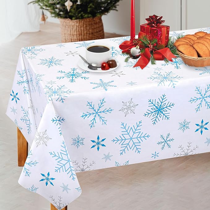 Mornajina 4 Pack 108 x 54 Inch Plastic Snowflake Tablecloths - Rectangle Disposable Xmas Tablecloths for Christmas Party Decoration