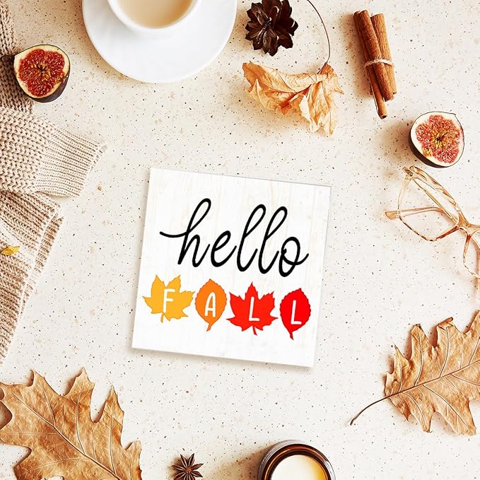 Hello Fall Wood Box Sign Funny Autumn Maple Leaves Wooden Block Desk Decor for Home Office Kitchen Cubicle Table Shelf Tabletop,Farmhouse Fall Sign Decor