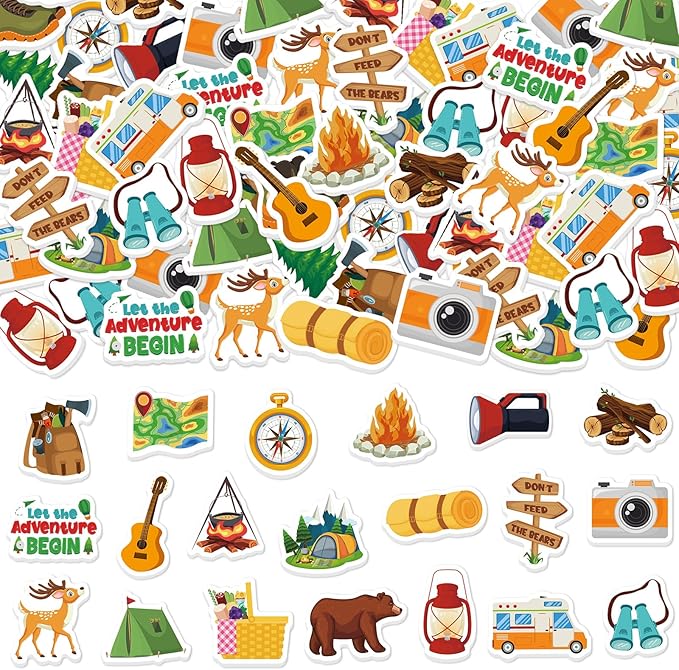 300Pcs Travel Camping Foam Stickers, Self-Adhesive Camping Stickers Outdoor Adventure Themed Sticker Decorations for DIY Arts Crafts Scrapbooks Party Favors School Activity Reward