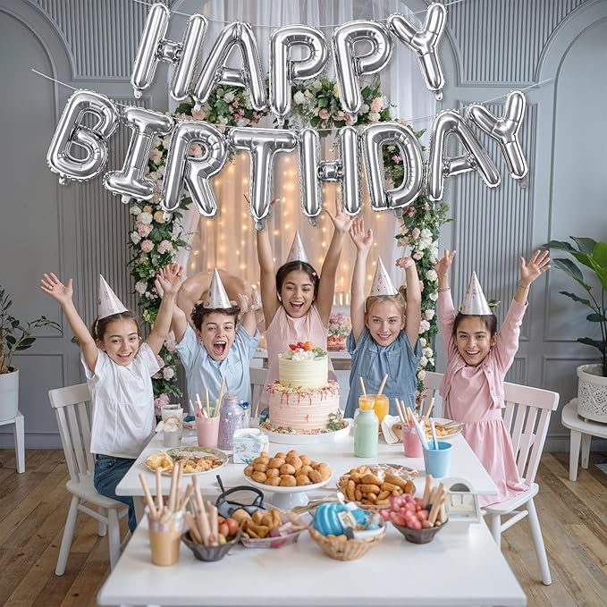 Silver Happy Birthday Banner - 16 Inch Mylar Foil Letters Balloons with Ribbon, Self Inflating Bunting Balloons Banner for Women Men Birthday Party Decorations