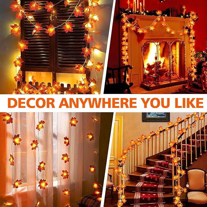 Fall Decorations Leaves Garland with Lights,Home Maple Leaf String Lights Orange-red 2 Pack 40FT 80LED Battery Operated with Timer,for Autumn Harvest Table Fireplace Porch Thanksgiving Indoor Decor