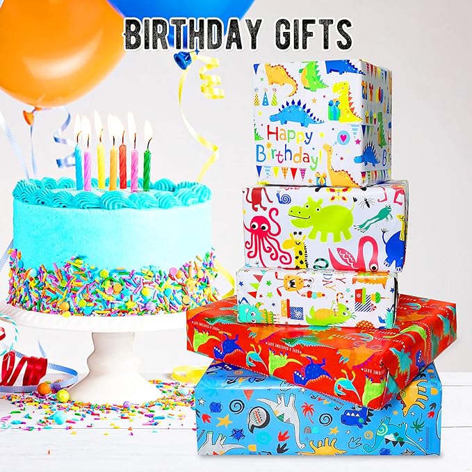 Kids Birthday Wrapping Paper for Boys & Girls - Dinosaur Animal Gift Wrap (6 Sheets 28"Lx20"W per Sheet)