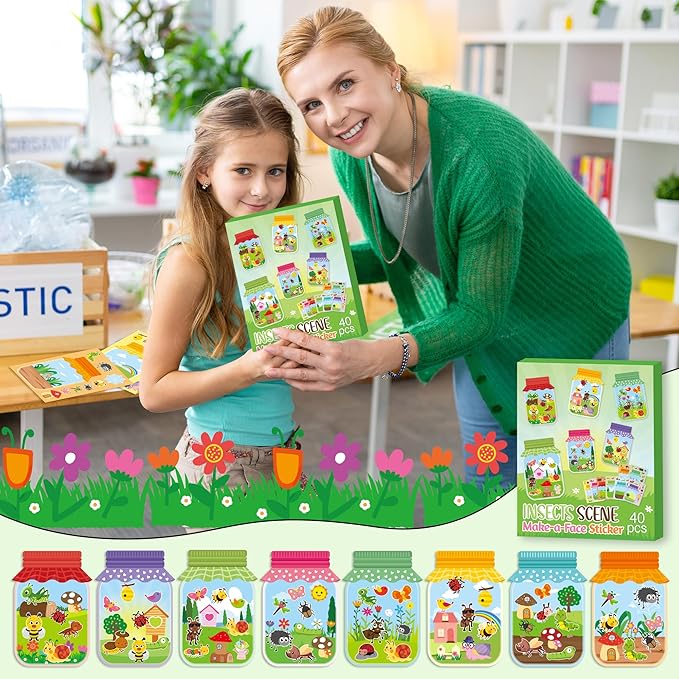 CY2SIDE Summer Bugs Jar Scene - 40PCS Insects Make a Face Sticker Sheets for Kids DIY Your Own Summer Animal Ladybug Bee Craft Games for School Classroom Activities Holiday Party Favor Gifts for Girls