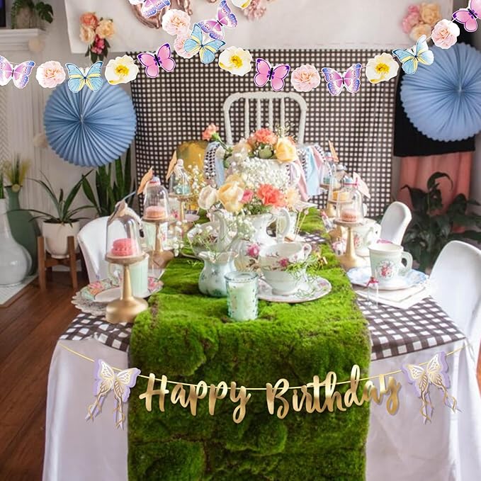 SUNBEAUTY Butterfly Happy Birthday Banner Butterfly Birthday Garden Party Decorations Fairy Party Decoration Summer Flowers Banner | Pre-Strung