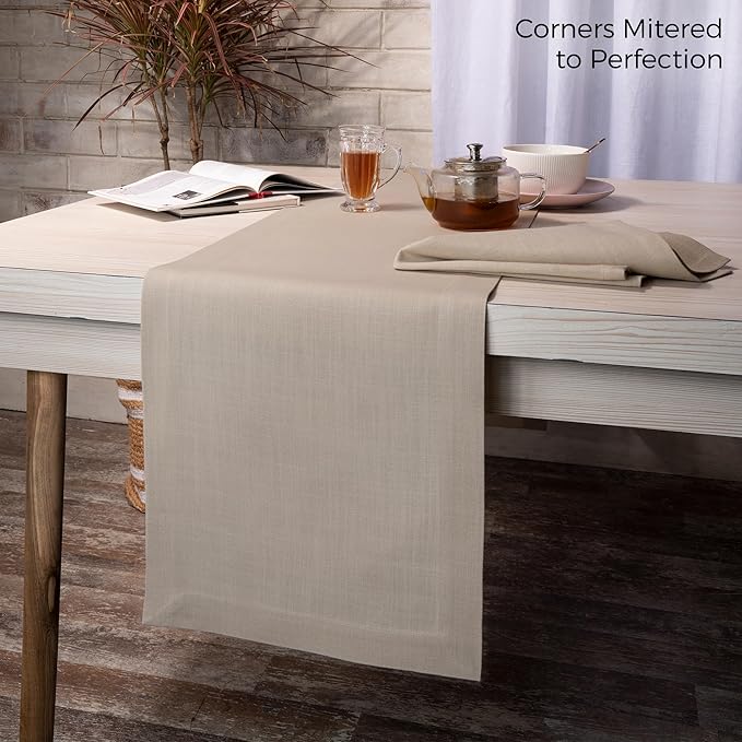 D'Moksha Homes Natural Table Runner 14 x 48 Inch - Faux Linen Coffee Table Runner - Wrinkle Resistant, Machine Washable Ideal for Dresser, Fall, Thanksgiving, Christmas, Holiday - 100% Recycled Fabric