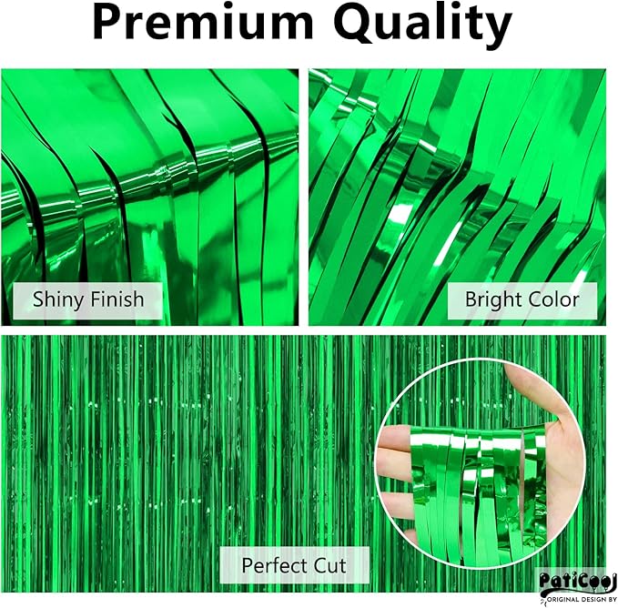 Football Party Decorations Green Streamers - Thicken 4 Pack 3.2 x 8.2 FT - Tinsel Foil Fringe Curtains Party Backdrop for Birthday, Dinosaur, Jungle, Christmas, Golf Party Decorations