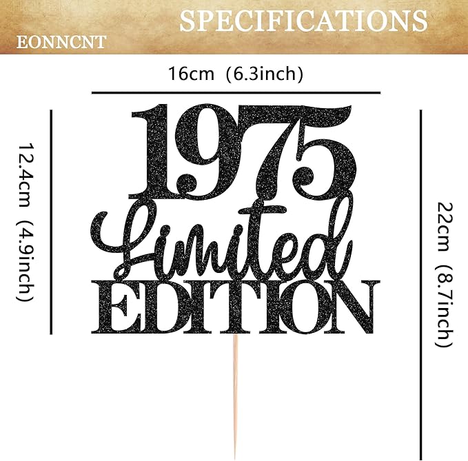 Limited EDITION 1975 Cake Topper - Black Glitter Happy 50th Birthday Party Cake Decoration Supplies, Cheer to 50 Years Cake Bunting Decor for 50th Birthday Party Photo Booth Props