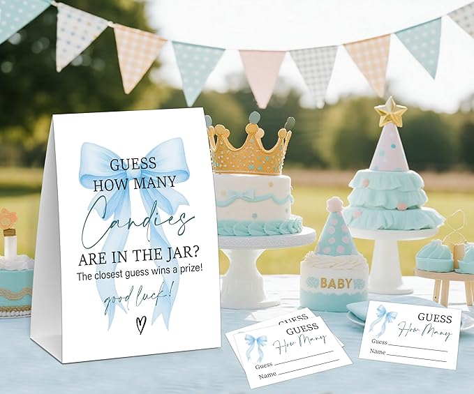 Blue Bow Guess How Many Candies Are In The Jar Game, Baby Shower Game, Include One 5×7 Sign and 50 Guessing Cards, Blue Coquette Bow Gender Reveal Party Decoration Supplies - FE18