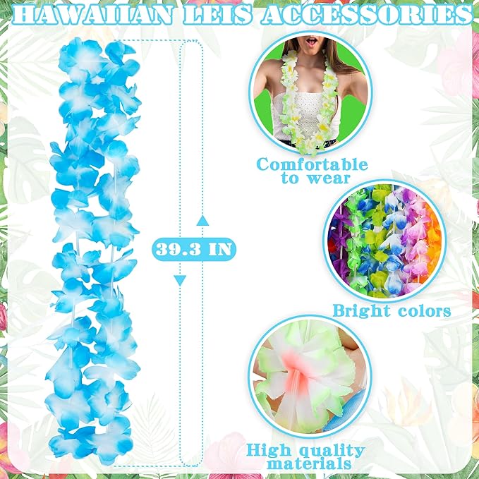 24pcs Leis for Luau Party, Hawaiian Leis Bulk Decorations Silk Flower Necklace, Colorful Tropical Hawaiian Bulk Hula Dance Party Decor, Flower Leis Summer Beach Pool Party Decorations Favors Supplies