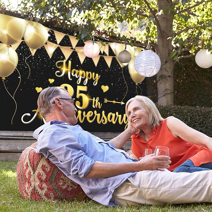 HAMIGAR 6x4ft Happy 25th Anniversary Banner Backdrop - 25 Wedding Anniversary Decorations Party Supplies - Black Gold