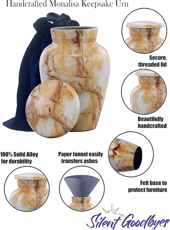 Small Keepsake Cremation Urns for Human Ashes - Marble Finish Metal Keepsake Urn - Mini Cremation Urn for Pet Ashes - Handcrafted Memorial Urn - Funeral Urns with Velvet Bag (Monalisa)