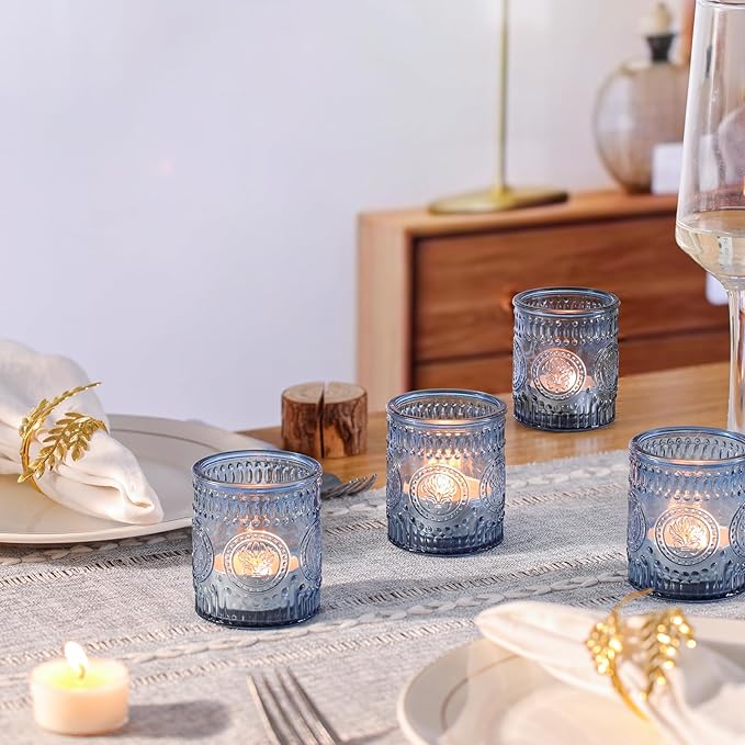 12 Pcs Blue Votive Candle Holders, Glass Tea Light Candle Holders for Wedding Table Centerpiece, Home Decor, Birdal Shower, Party