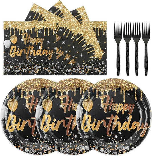 75PCS Happy Birthday Plates and Napkins, 7 Inch Black and Gold Paper Cake Plates Disposable Party Supplies Party's Tableware for Birthday Party Decorations