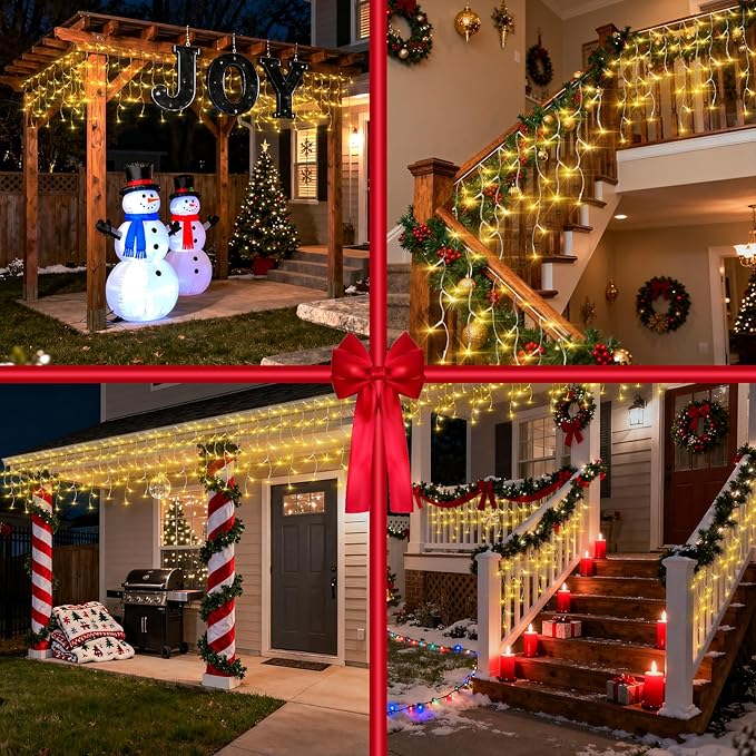 612 LED String lights Indoor Outdoor, 60ft Christmas Window Lights with 136 Drops 12 Modes, Dimmable Curtain Lights, Fairy Lights for Bedroom Holiday Wedding Party Home Xmas Decorations, Warm White