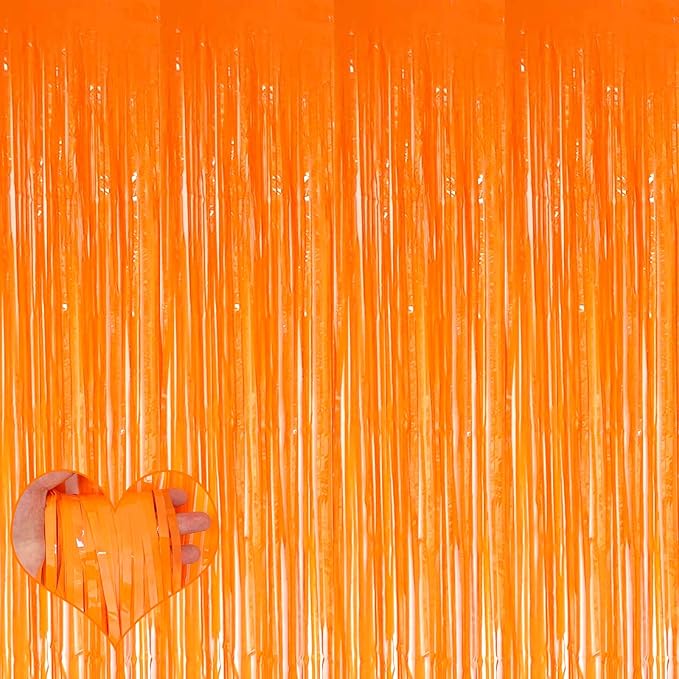 4 Pack Fringe Curtain Backdrop, 3.2Ft x 9.8Ft Macaron Orange Metallic Tinsel Foil Fringe Streamers Background for Photo Booth Birthday Wedding Baby Shower Carnival Easter Mother’s Day Party Decoration