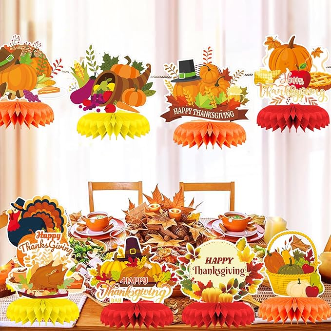 9Pcs Thanksgiving Centerpiece Fall Centerpiece Table Decorations Pumpkin Turkey Honeycomb Thanksgiving Table Centerpiece for Thanksgiving Table Decoration Autumn Theme Birthday Party Supplies