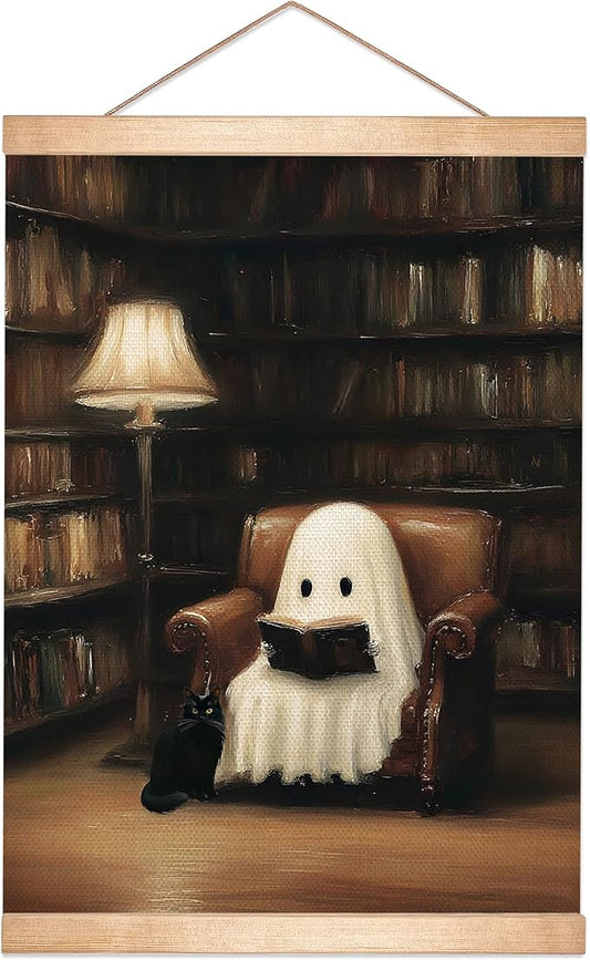 HEYJEEPER Ghost Reading in Library Wall Art,14x18.5inch Gothic Halloween Linen Canvas Poster and Black Cat Print, Vintage Dark Aesthetic Decor for Library,Study,or Witch's Bedroom(BLK01)