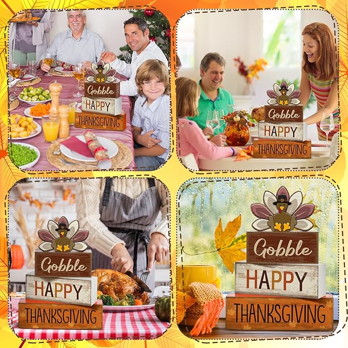 4 Pcs Thanksgiving Decorations for Home Wooden Turkey Thanksgiving Table Centerpiece Fall Tiered Tray Decor Rustic Wooden Turkey Block Sign for Autumn Harvest Party Table Kitchen Shelf