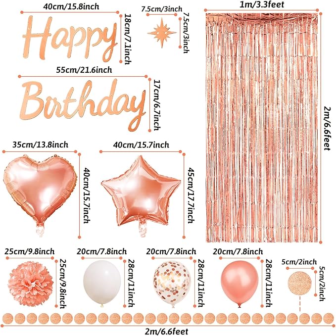 ZERODECO Rose Gold Birthday Party Decorations, Happy Birthday Banner Rose Gold Fringe Curtain Paper Pompoms Foil Confetti Balloons for Women Girls Princess Party