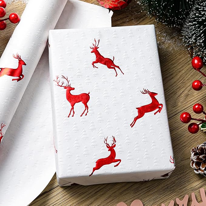 Garbendy Christmas Wrapping Paper Roll- 17 Inch X 32.8 Feet - Embossing 3D Trees Printed in White with Red Foil Reindeer Design for Christmas, Birthday, Baby Shower, Bridal Shower, Party