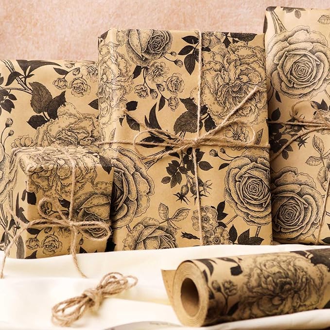 YXTII Floral Wrapping Paper, Brown Wrapping Paper, Vintage Black Floral Design with Cut Lines for Upscale Gifts, Birthday, Bridal Shower, Wedding, Mother’s Day, Valentine's Day, 17 In x 33 Feet