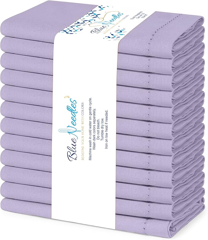 Blue Needles Set of 12 Hemstitch Linen Napkins 100% Cotton Lavender Cloth Dinner Napkins 18x18 inches, Soft, Reusable, Absorbent, Washable, Ideal for Fall Thanksgiving Events, Parties & Everyday Use