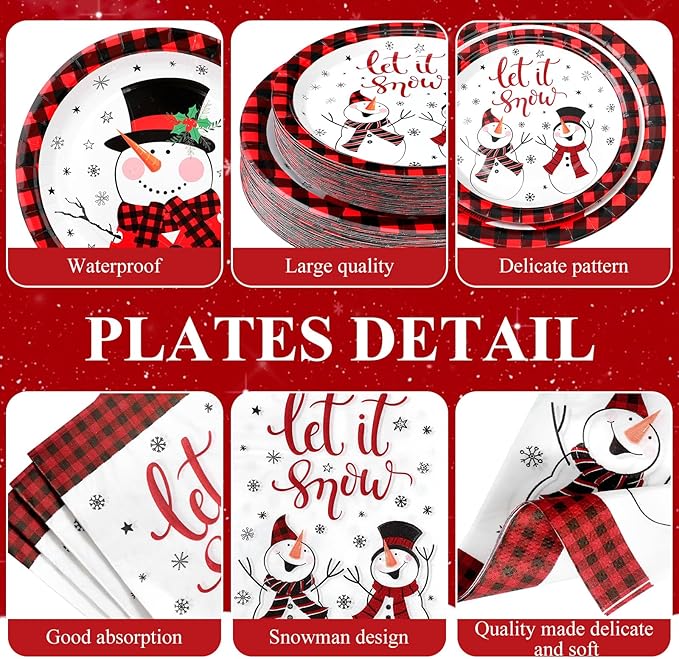 250 Pcs Christmas Snowman Paper Plates and Napkins Party Supplies Red Black Buffalo Plaid Winter Disposable Tableware Set for Christmas Winter Holiday Xmas Party Decoration