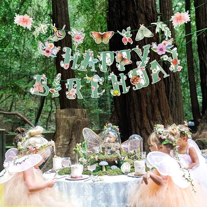 SUNBEAUTY Wildflower Happy Birthday Banner Sage Green Floral Flower Party Decorations Green Butterfly Flowers Banner Summer Spring Butterfly Birthday Party Decorations | Pre-Strung
