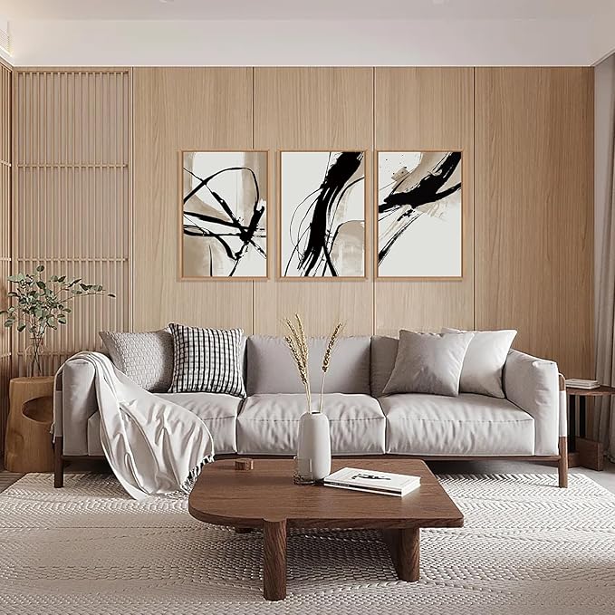 HOURIA Large Abstract Tan and Black Brush Stroke Framed Canvas Wall Art Set,Textured Beige Circle Wall Decor,Minimalism Brown Ink Line Artwork,Modern Shape Art Print for Living Room,Bedroom- 24"x36"x3