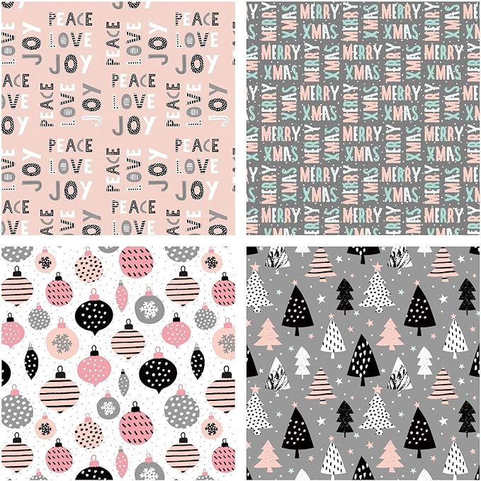 WRAPAHOLIC 30 Inch Christmas Wrapping Paper Roll - Jumbo Roll Rustic Kraft Pink and Grey Christmas Set for Holiday, Party Deco - 4 Rolls - 30 Inch x 120 Inch Per Roll