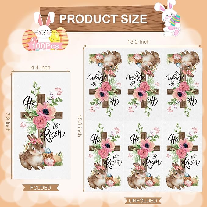 100Pcs He is Risen Napkins Disposable Easter Paper Napkins, Religious Bunny Cross Egg Flowers Spring Guest Napkins Hand Towels for Easter Decorative Dinner Kitchen Bathroom Home Party Supplies