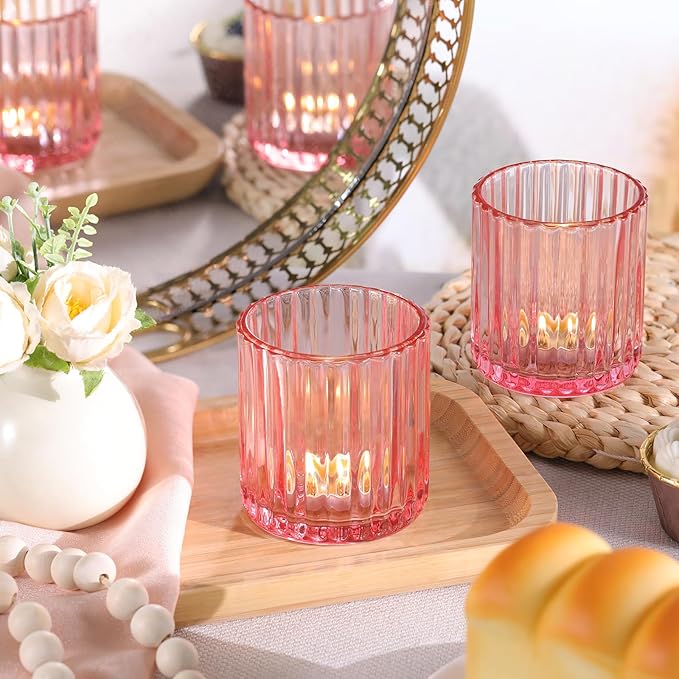 Pink Large Votive Candle Holder Set of 8, Tea Lights Candle Holders for Wedding Table Centerpieces. Boho Decor, Home Dinner Birthday Party Decor, Bridal Shower and Holiday Decorations