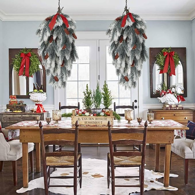 RECUTMS Hanging Artificial Greenery Artificial Pine Needle Branches Green Plant Pine Needle Accessories Faux Outdoor Plants Hanging Teardrop Christmas swags for Christmas Home Decoration(White)