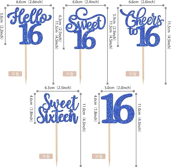 30PCS Happy 16th Birthday Cupcake Toppers Glitter Sweet Sixteen Hello 16 Cupcake Picks Cheers to 16 Birthday Decorations for 16th Birthday Anniversary Party Cake Decoration Supplies Blue