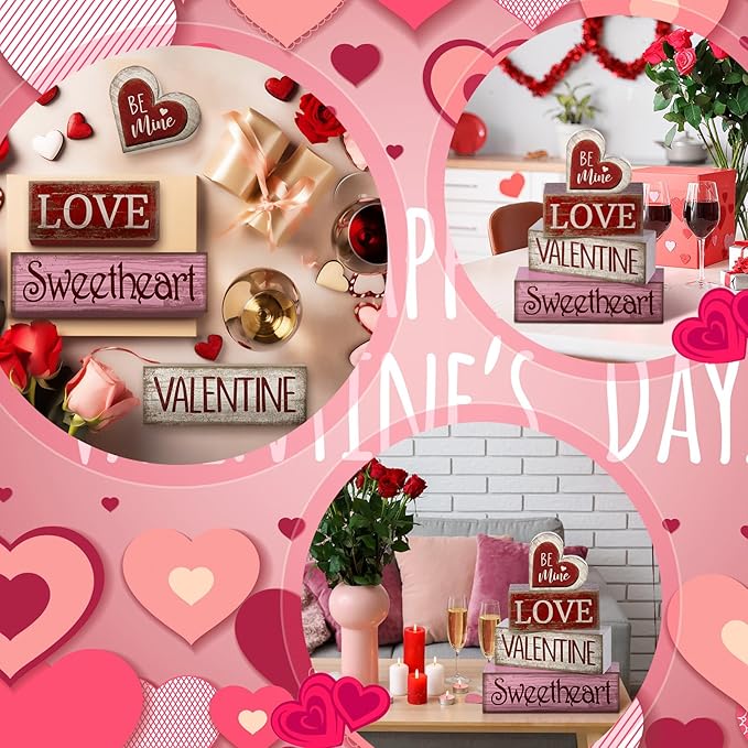 4 Pcs Valentine Table Decor Wooden Red Love Decoration, Valentine's Day Be Mine Centerpiece, Valentine Tiered Tray Decor Red Heart Block Signs Gift for Farmhouse Home Kitchen