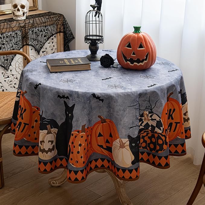 Halloween Waterproof Tablecloth – Spooky Pumpkin, Black Cat, Bat & Spider Web Design – Gray Holiday Table Cover for Party, Dining, and Home Decor, 60" Round