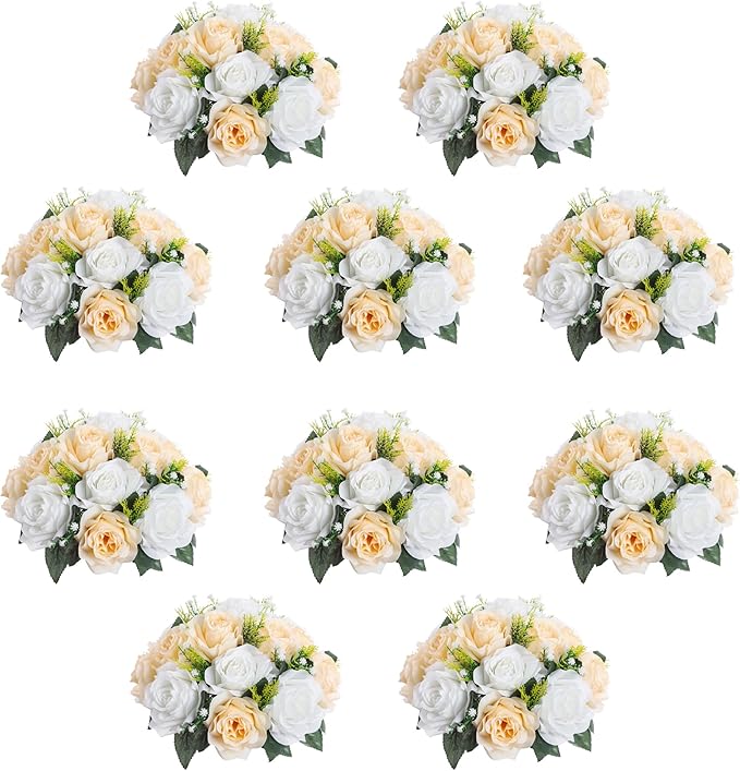 10Pcs Artificial Flower Ball Arrangement, 15 Flower Heads Wedding Roses Bouquet with Base Suitable for Parties Valentine's Day Wedding Centerpieces and Home Decor (Champagne & White)