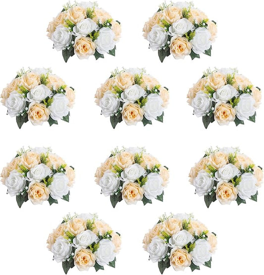 10Pcs Artificial Flower Ball Arrangement, 15 Flower Heads Wedding Roses Bouquet with Base Suitable for Parties Valentine's Day Wedding Centerpieces and Home Decor (Champagne & White)