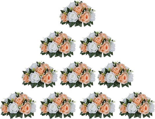 BLOSMON Flower Balls for Wedding Centerpieces: 10pcs Peach Fuzz 9.5 Inch Fake Rose Kissing Ball Decor Artificial Floral Arrangements Silk Bouquet with Base Home Party Room Table DIY Decorations