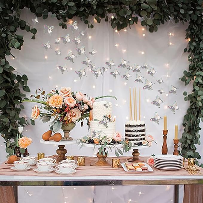 40 PCS Lively 3D Butterfly Cupcake Toppers Mixed Size Hollow Art Butterfly Cupcake Topper Baby Shower Wedding Anniversary Birthday Party Cake Wall Decorations Supplies Silver