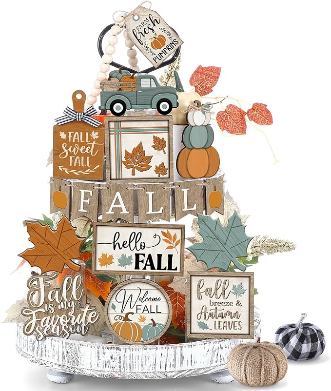 21 Pcs Thanksgiving Fall Tiered Tray Decoration Set Autumn Table Sign Pumpkins Farmhouse Decor Gnome Maple Leaves Centerpieces Harvest Wood Blocks Signs Fall Block Tabletop for Autumn