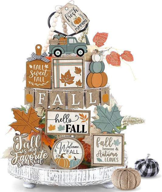 21 Pcs Thanksgiving Fall Tiered Tray Decoration Set Autumn Table Sign Pumpkins Farmhouse Decor Gnome Maple Leaves Centerpieces Harvest Wood Blocks Signs Fall Block Tabletop for Autumn