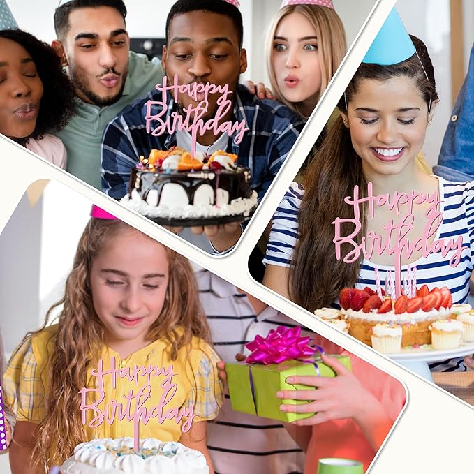 1 PCS Happy Birthday Cake Topper, 4.7 Inches x 5.5 Inches Acrylic Cake Topper, Pink Crisp Lettering Birthday Cake Decorations for Kids, Adults, Dessert, Birthdays Party, Table, Photo Booth