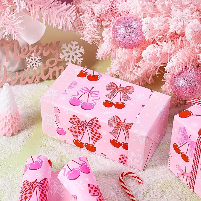 RUSPEPA Reversible Christmas Bow Wrapping Paper Roll, Mini Roll, Pink Romantic Cherry Bow and Candy Cane Design, White Snowflake Gift Wrap Paper for Girls, Women, Holiday Gifts, 17 Inches x 32.8 Feet