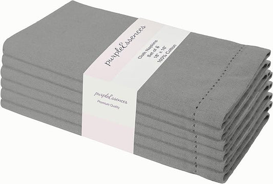 PurpleEssences Set of 6 Hemstitch Cloth Dinner Napkins 100% Cotton - Soft Durable Washable - Ideal for Wedding Christmas Holiday Winter - Perfect Everyday Use Table Linen 18x18 - Ash Grey